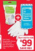 PnP Latex Disposable Gloves 24-Pack & PnP All Purpose Cleaning Wipes 70s-For Both