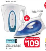 Counter Point 1.7Ltr White Corded Kettle ACK1711 With 1200W Steam & Dry Iron CPSI-100