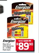 Energizer Max AA Or AAA Batteries 8 + 4 Free Pack-Each