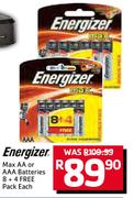 Energizer  Max AA Or AAA Batteries 8 Plus 4 Free Pack-Each