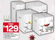 Crystal Stemiess,Champagne Flute,White Or Red Wine Glasses 4 Pack-Each