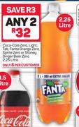 Coca Cola Zero, Light, Tab, Fanta Orange Zero, Sprite Zero Or Stoney Ginger Beer Zero-2 x 2.25Ltr