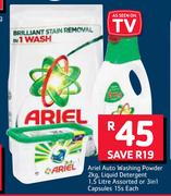 Ariel Auto Washing Powder-2Kg, Liquid Detergent-1.5Ltr Or 3 In 1 Capsules Assorted-15s Each