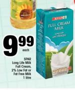 Spar Long Life Milk Full Cream, 2% Low Fat Or Fat Free Milk-1L