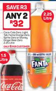 Coca-Cola Zero, Light, Tab, Fanta Orange Zero, Sprite Zero Or Stoney Ginger Beer Zero-Any 2x2.25Ltr