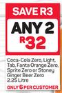 Coca Cola Zero, Light, Tab, Fanta Orange Zero, Sprite Zero Or Stoney Ginger Beer Zero-2x2.25Ltr