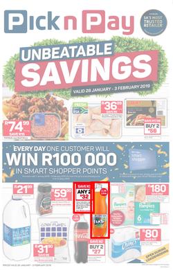 Pick n Pay  Gauteng, Free State, North West, Mpumalanga, Limpopo and Northern Cape : Unbeatable Savings (28 Jan - 03 Feb 2019), page 1