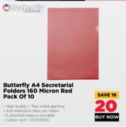 Butterfly A4 Secretarial Folders 160 Micron Red Pack Of 10