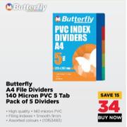 Butterfly A4 File Dividers 140 Micron PVC 5 Tab Pack Of 5 Dividers