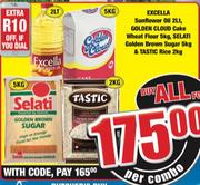 Excella Sunflower Oil 2L,Golden Cloud cake Flour 5kg,Selati Golden Brown Sugar 5kg&Tastic Rice 2kg