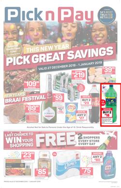 Pick n Pay  Gauteng, Free State, North West, Mpumalanga, Limpopo and Northern Cape : Pick Great Savings (27 Dec - 01 Jan 2019), page 1