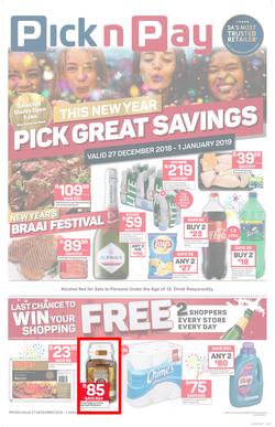 Pick n Pay  Gauteng, Free State, North West, Mpumalanga, Limpopo and Northern Cape : Pick Great Savings (27 Dec - 01 Jan 2019), page 1