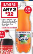 Coca Cola Zero, Light, Tab, Fanta Orange Zero, Sprite Zero Or Stoney Ginger Beer Zero-Any 2x2.25Ltr