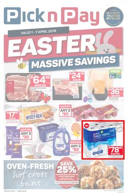 Pick n Pay  Gauteng, Free State, North West, Mpumalanga, Limpopo and Northern Cape : : Easter Massive Savings (01 Apr - 07 Apr 2019), page 1