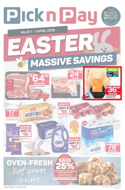 Pick n Pay  Gauteng, Free State, North West, Mpumalanga, Limpopo and Northern Cape : : Easter Massive Savings (01 Apr - 07 Apr 2019), page 1