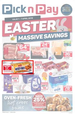 Pick n Pay  Gauteng, Free State, North West, Mpumalanga, Limpopo and Northern Cape : : Easter Massive Savings (01 Apr - 07 Apr 2019), page 1