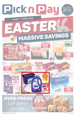 Pick n Pay  Gauteng, Free State, North West, Mpumalanga, Limpopo and Northern Cape : : Easter Massive Savings (01 Apr - 07 Apr 2019), page 1
