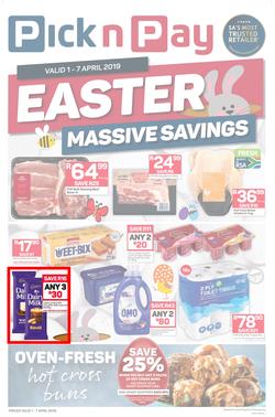 Pick n Pay  Gauteng, Free State, North West, Mpumalanga, Limpopo and Northern Cape : : Easter Massive Savings (01 Apr - 07 Apr 2019), page 1