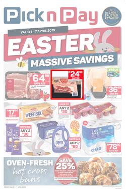 Pick n Pay  Gauteng, Free State, North West, Mpumalanga, Limpopo and Northern Cape : : Easter Massive Savings (01 Apr - 07 Apr 2019), page 1