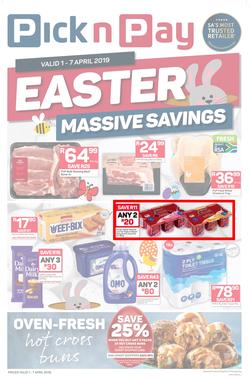 Pick n Pay  Gauteng, Free State, North West, Mpumalanga, Limpopo and Northern Cape : : Easter Massive Savings (01 Apr - 07 Apr 2019), page 1