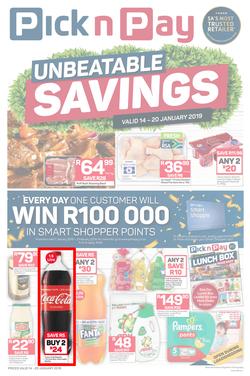 Pick n Pay  Gauteng, Free State, North West, Mpumalanga, Limpopo and Northern Cape : Unbeatable Savings  (14 Jan - 20 Jan 2019), page 1