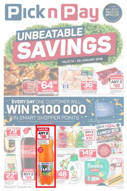 Pick n Pay  Gauteng, Free State, North West, Mpumalanga, Limpopo and Northern Cape : Unbeatable Savings  (14 Jan - 20 Jan 2019), page 1