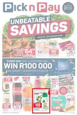 Pick n Pay  Gauteng, Free State, North West, Mpumalanga, Limpopo and Northern Cape : Unbeatable Savings  (14 Jan - 20 Jan 2019), page 1