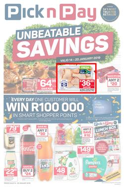 Pick n Pay  Gauteng, Free State, North West, Mpumalanga, Limpopo and Northern Cape : Unbeatable Savings  (14 Jan - 20 Jan 2019), page 1