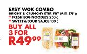 Easy Stir Combo Of Crunchy Stir Fry Mix 375g, Fresh Egg noodles 250g & Sweet & Sour Sauce 100g-All 3