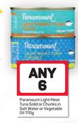 Paramount Light Meat Tuna Solid Or Chunks In Salt Water Or Vegetable Oil-6x170g