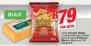 Crystal valley Cheddar/Gouda Cheese 750g & Fatti's & Moni's Macaroni Or Spaghetti 500g-For Both