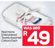 Real Home Embroidered Towels Assorted Colours-Each