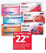 Johnson's Vita Rich Or Savlon Hygiene Soap Assorted-3 x 175g 