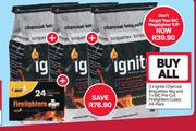 Ignite Charcoal Briquettes 3x4kg & BIC Pre Cut Firelighters Cubes 24's Pack-For All