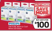 Philips 5W ES/BC Warm Or Cool White LED Globe-For 4