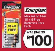 Energizer Max AA Or AAA 10 + 6 Free Batteries Pack-Each