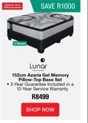 Lunar 152cm Azaria Gel Memory Pillow Top Queen Base Set