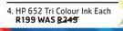 HP 652 Tri Colour Ink-Each