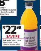 PnP Kola Tonic, Lime Or Passion Fruit Cordial-750ml Each