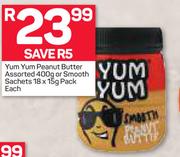 Yum Yum Peanut Butter Assorted-400g Or Smooth Sachets-18 x 15g Pack-Each