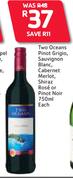Two Oceans Pinot Grigio/Sauvignon Blanc/Cabernet Merlot/Shiraz Rose Or Pinot Noir-750ml Each