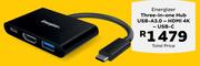 Energizer Three In One Hub USB A3.0 HDMI 4K USB-C