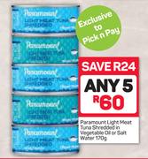 Paramount Light Meat Tuna Shredded In Vegetable Oil Or Salt Water-5 x 170g