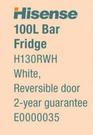 Hisense White 100Ltr Bar Fridge H130RWH