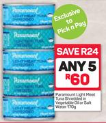 Paramount Light Meat Tuna Shredded In Vegetable Oil Or Salt Water-5X170g