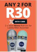 Nivea Roll On For Ladies/Men Assorted-2 x 50ml