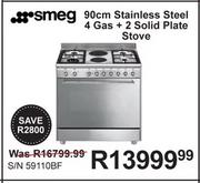 Smeg 90cm Stainless Steel 4 Gas + 4 Solid Plate Stove S/N 59110BF