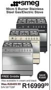 Smeg 90cm 5 Burner Stainless Steel Gas/ Electric Stove Free Griddle S/N 58772BF