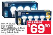 Pnp 7W BC/ES Cool Or Warm White LED Globes Pack 4's Or 5W R50 SES Reflector Lamp Pack 5's-Each