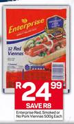 Enterprise Red, Smoked Or No Pork Viennas-500g Each